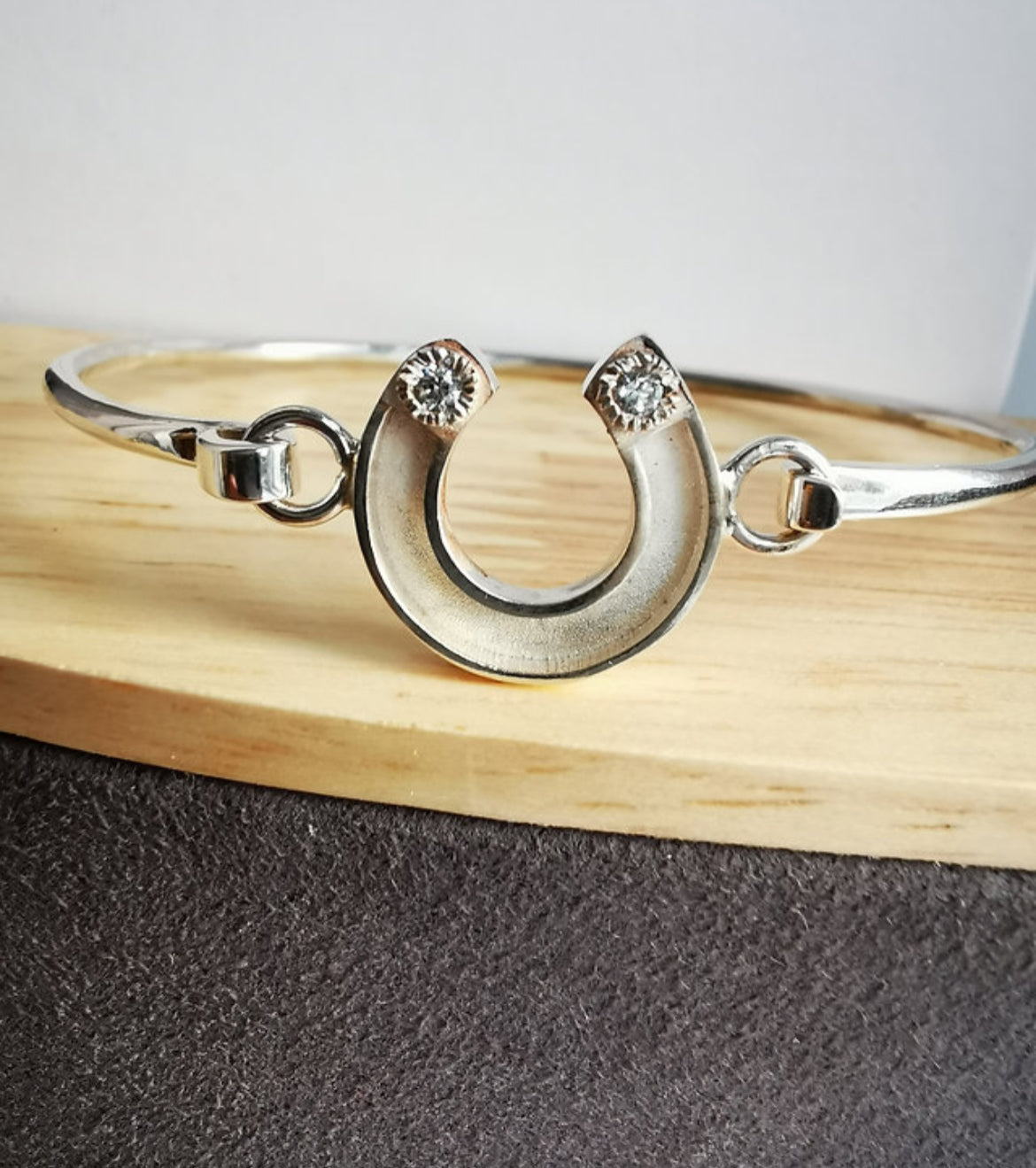 Horse Shoe CZ Hook Clasp Silver Bangle