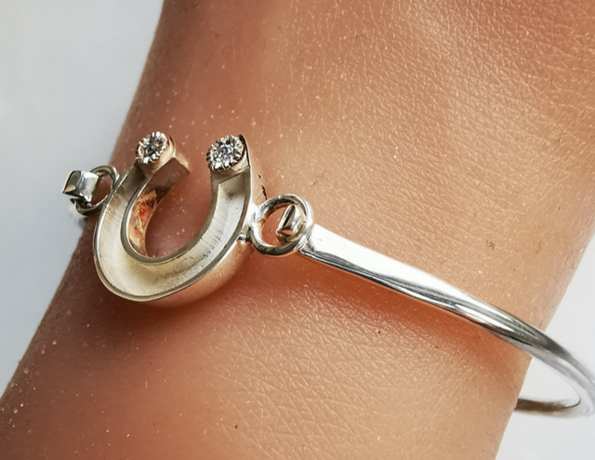 Horse Shoe CZ Hook Clasp Silver Bangle