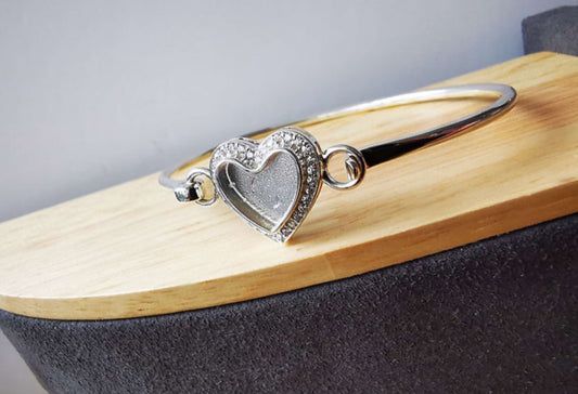 Heart CZ Hook Clasp Silver Bangle
