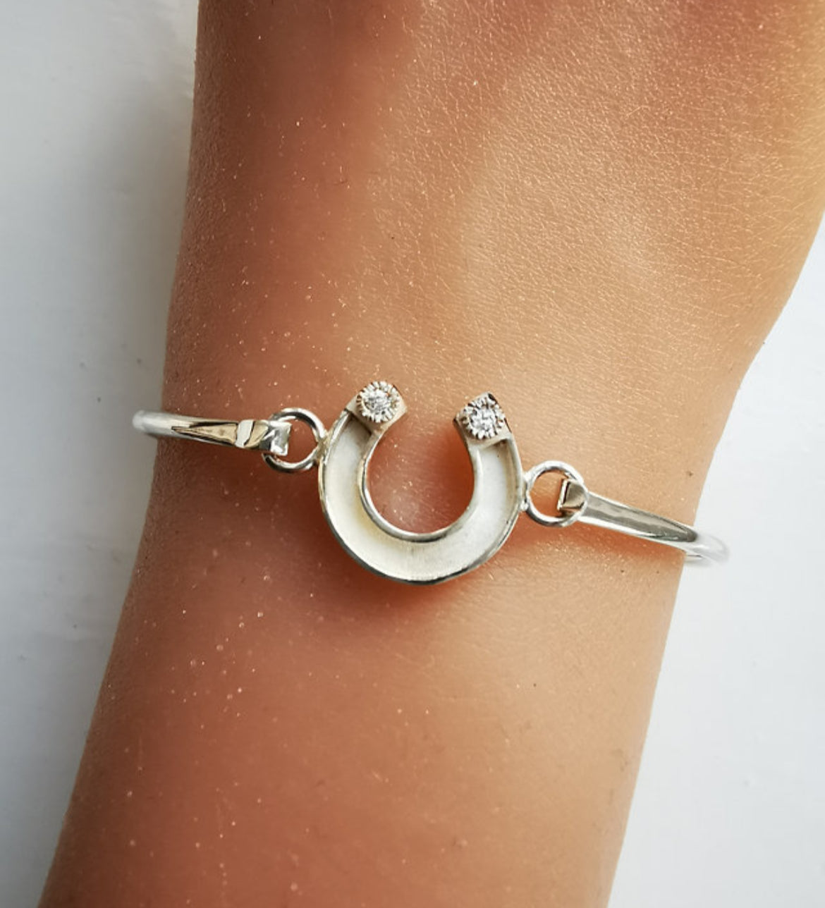 Horse Shoe CZ Hook Clasp Silver Bangle